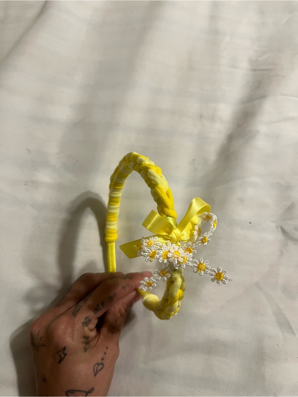 Yellow Braided Kids Headband with Pom Pom and Ribbon Accent - Picture 3 of 3